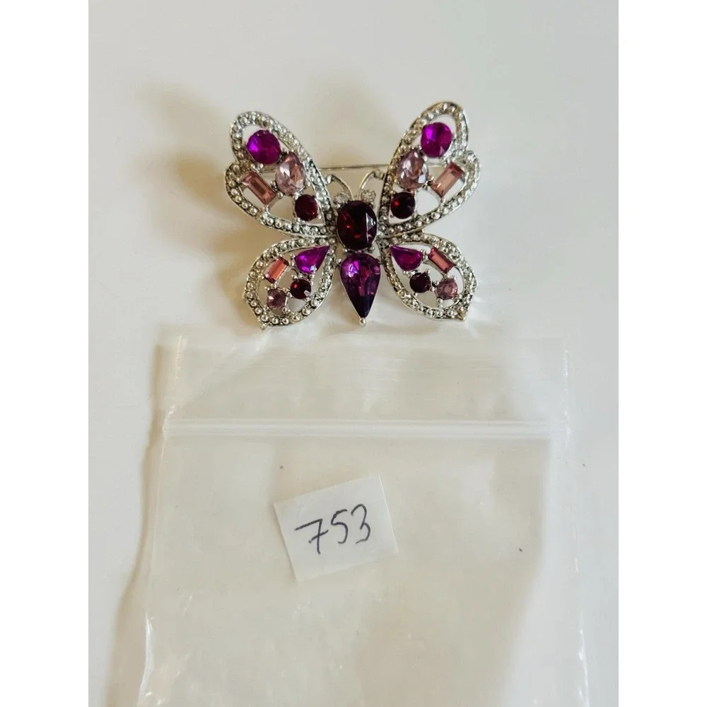 VTG Butterfly brooch pin Silver Plated Pink Red Rhinestone Figural Y2K‎ Flashy